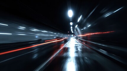 Traffic moves quickly through a tunnel with lights reflecting on wet pavement during a rainy night in a city