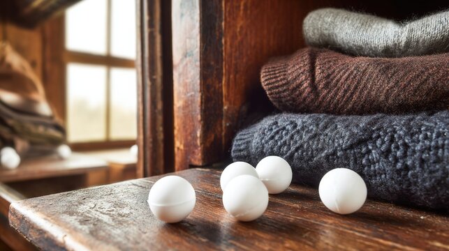 camphor. White camphor balls placed inside an antique wooden wardrobe with folded clothing. menu design, packaging mockups, designed for food delivery and cloud-kitchen brand materials.