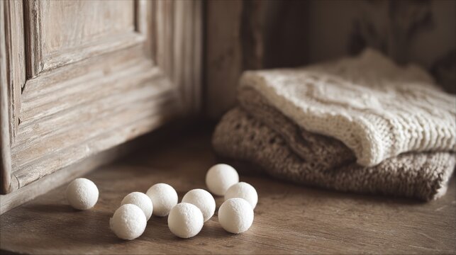 camphor. White camphor balls placed inside an antique wooden wardrobe with folded clothing. menu design, packaging mockups, designed for food delivery and cloud-kitchen brand materials.