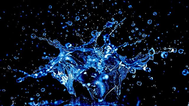 Explosion of water droplets into the camera in slow motion on an isolated black background