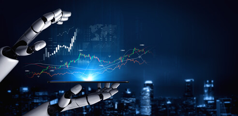 A futuristic robotic hand presents a digital tablet featuring stock market graphs. The city skyline in the background signifies the harmony between technology and finance. Scalp