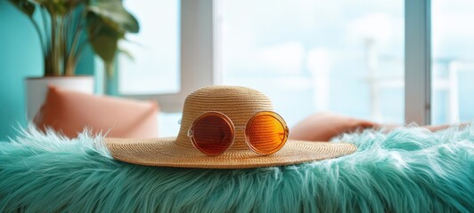The Straw Hat With Round Sunglasses on a Teal Furry Surface