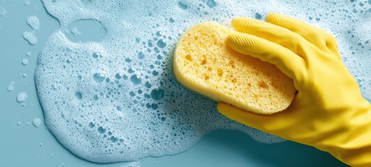 The Sponge and Gloved Hand Cleaning Soapy Blue Surface with Bubbles and Foam