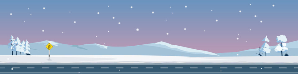 Vector flat illustration of winter asphalt road with a yellow slippery road warning sign. Snowy mountains pine trees and falling snow background. Concept for safe driving and travel in cold season.