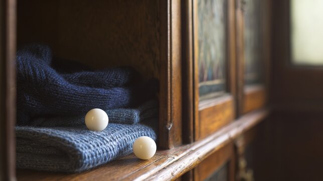 camphor. White camphor balls placed inside an antique wooden wardrobe with folded clothing. menu design, packaging mockups, designed for food delivery and cloud-kitchen brand materials.