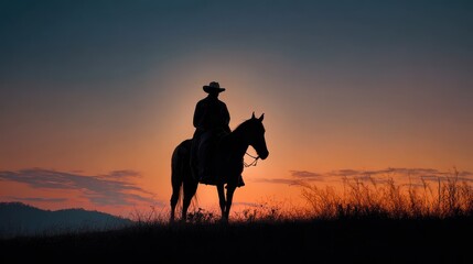 Cowboy on horse at sunset near mountains with light clouds in the sky