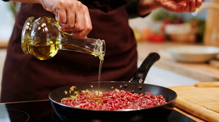 Close-up of chef pouring olive oil into a frying pan with raw ground meat and onions during cooking.