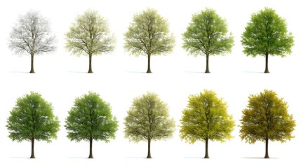 A green tree isolated on white stands in a frozen winter landscape with snowy birch trees under a blue sky, capturing a cold nature scene of frost and mist in the forest