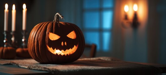 The Pumpkin Glowing on a Table with Candles Creating a Spooky Halloween Atmosphere