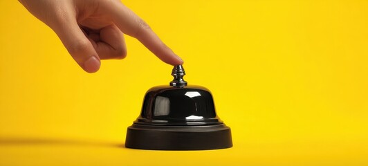 The Service Bell and Hand Ready to Ring on Bright Yellow Background