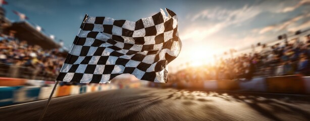 The Checkered Flag Waving Over A Blurred Racetrack As Fans Cheer At Sunset