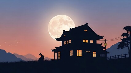 Traditional Japanese House at Full Moon Night.