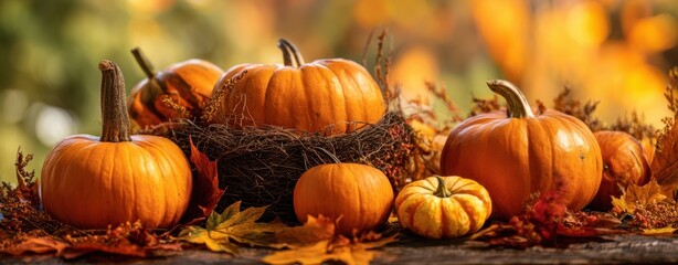 The Pumpkins in a Rustic Autumn Still Life with Leaves, Basket, and Warm Light