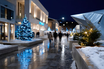 Obraz premium A picturesque evening scene depicting couples strolling beside enchanting Christmas trees glowing with light, as the wet pavement reflects the festive ambiance of the night.