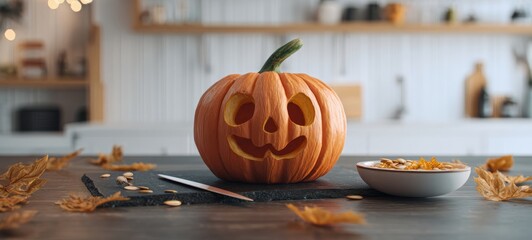 The Pumpkin Jack-o'-Lantern Smiling on Kitchen Table with Bowl of Seeds