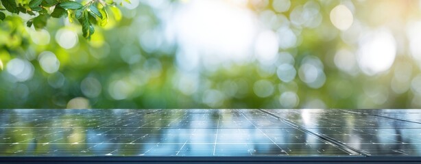 The Solar Panels on a Garden Roof Reflecting Sunlight with Lush Green Background