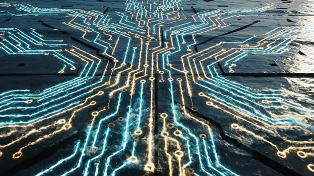 Close-up of a circuit board with glowing blue and gold lines on a dark background with a shallow