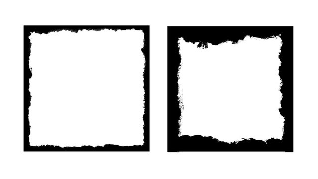 Photo grunge frames set template. Ink paint edges punk border for poster and banner. Retro textured overlays. Rectangular old white backgrounds.