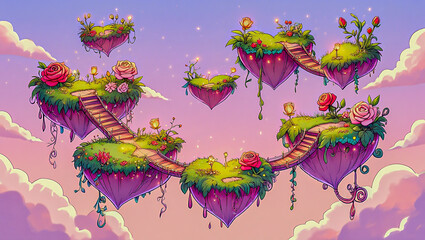 Whimsical rose-vine bridges in pastel dreamscape