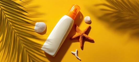 The sunscreen bottle surrounded by starfish seashells and palm shadows on yellow