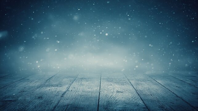 unanimity. Winter wooden surface with gentle snowfall, cold seasonal atmosphere. travel magazines, destination branding, designed for outdoor magazines and nature guides, inspires travel planning.