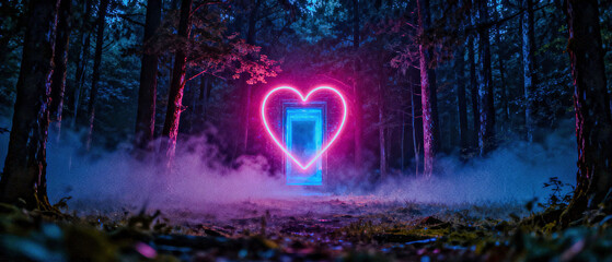 A glowing neon heart portal in the center of a dark forest clearing, misty copy space surrounding the light.