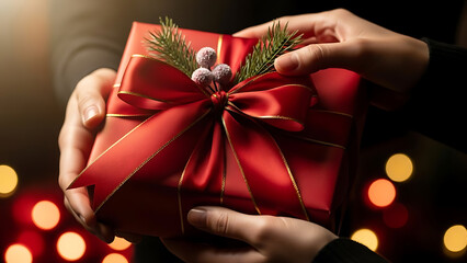 Capturing the heartfelt joy of giving a beautifully wrapped red present, ideal for inspiring festive illustrations and holiday season marketing visuals