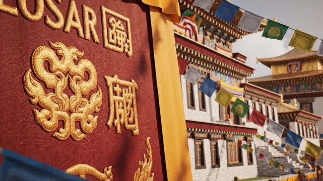Losar Festival Background With Tibetan Prayer Flags and Monastery Architecture