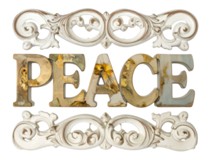 Ornate frame surrounds textured letters spelling "PEACE