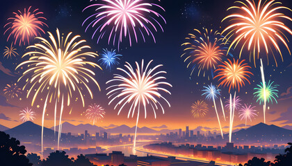 Cartoon New Year's fireworks shine in the sky of the city.