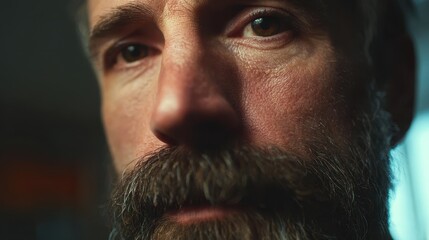 Man with a beard showing close-up details in an indoor setting during the day with soft lighting