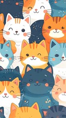 Whimsical illustration of smiling, colorful feline faces