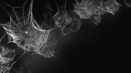 Spider webs stretch across a dark background, creating intricate patterns and shapes in a dimly lit space during the night