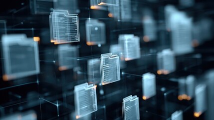 Files and data structures arranged in a digital concept view showing layers with transparency in a tech environment