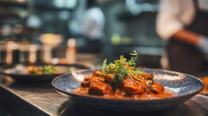 Dish served on a plate with garnish in a busy kitchen during dinner time
