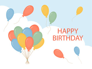 Happy Birthday greeting card. Vector illustration. Flying multicolored balloons on a light blue background. Horizontal banner with space for sale and discount text. Party invitation.