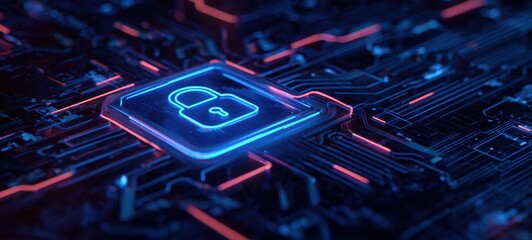 The digital lock on a glowing circuit board representing modern cybersecurity and data protection