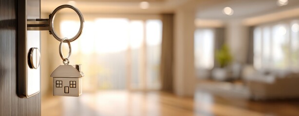 The House Keychain on a Door Lock in a Bright Modern Living Room Interior