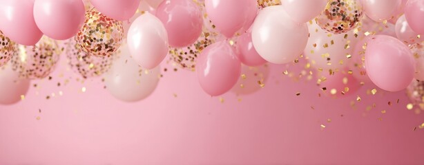 The Balloons Floating with Gold Confetti Over a Soft Pink Festive Background
