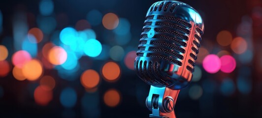 The Microphone Centerpiece with Retro Chrome Finish and Vibrant Bokeh Stage Lighting