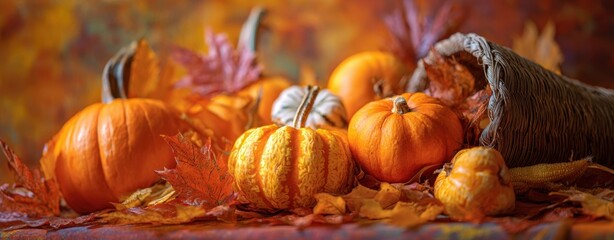 The Pumpkins and Cornucopia Still Life with Autumn Leaves and Warm Ambient Lighting