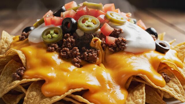 Golden Nachos: a close-up shot that captures the appetizing array of golden nachos, generously drizzled with rich, melted cheese and a vibrant medley of toppings that will make your mouth water.