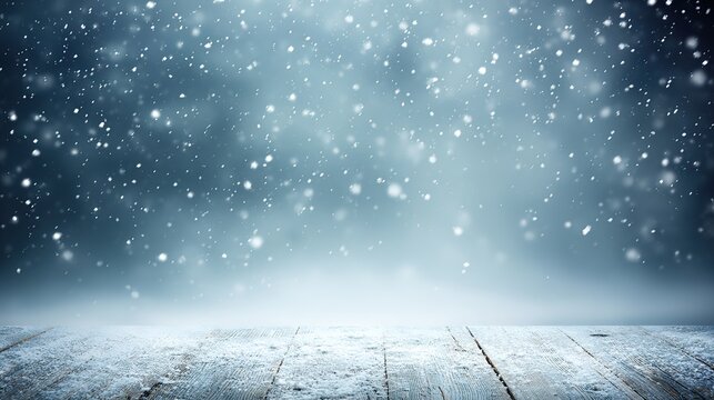 unanimity. Winter wooden surface with gentle snowfall, cold seasonal atmosphere. travel magazines, destination branding, designed for outdoor magazines and nature guides, inspires travel planning.