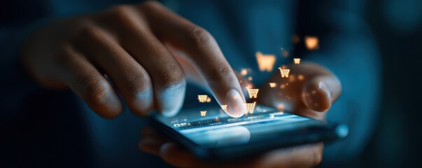 online customer journey. A hand tapping a smartphone screen with digital shopping icons appearing.