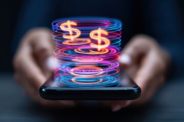 online customer journey. Digital money concept with dollar signs spinning around a smartphone in a dark setting.