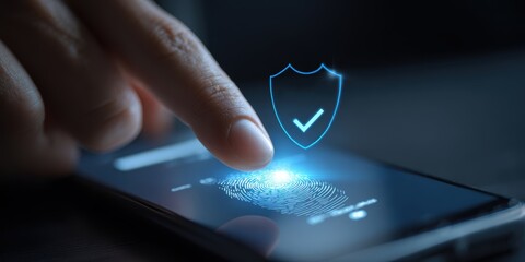 online customer journey. Fingerprint scanning on smartphone with security shield symbolizing protection.