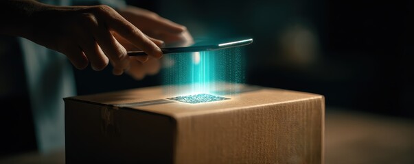 online customer journey. A hand scans a package with a device, emitting light and digital effects.