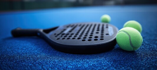 The Padel Racket and Tennis Balls on Blue Court Surface in Closeup