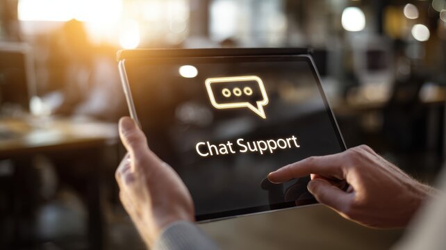online customer journey. Person using a tablet displaying a chat support interface in a modern workspace. - Powered by Adobe