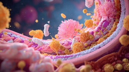 Microscopic view of cells and bacteria in a biological environment during a scientific study